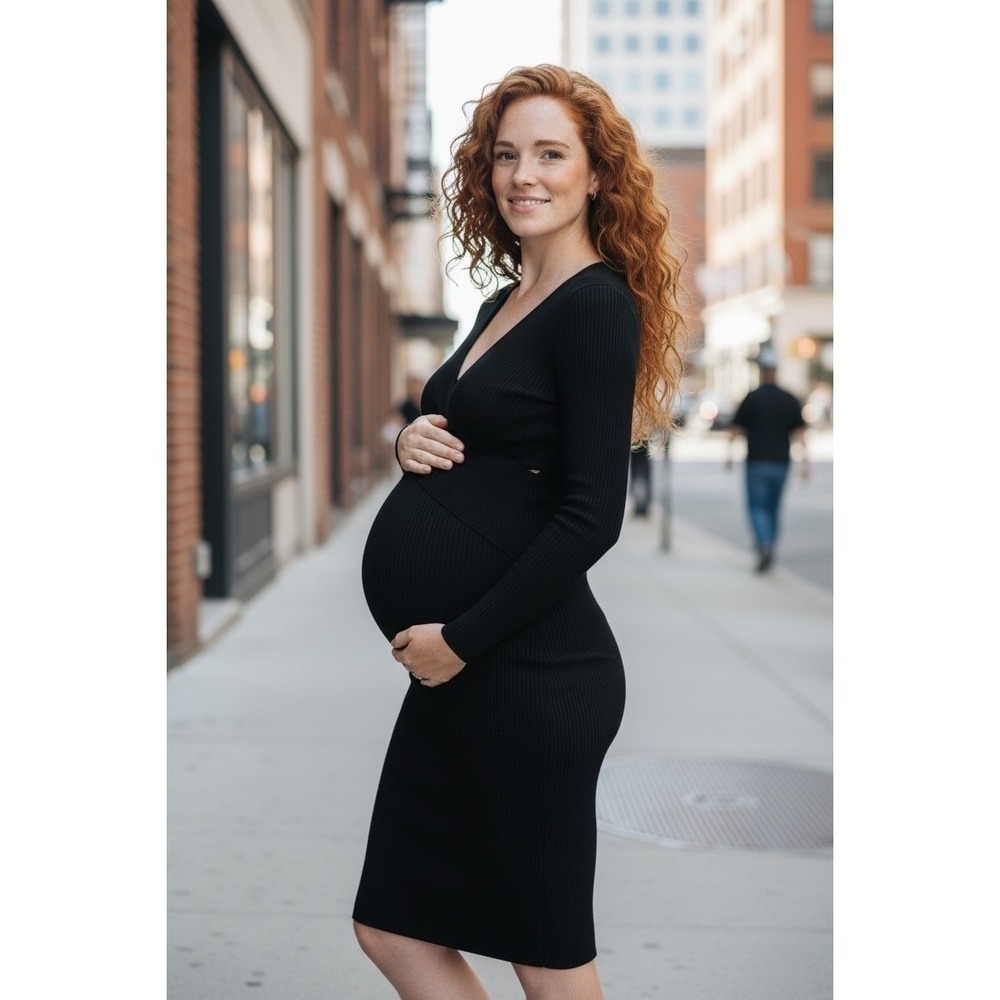 Ripe Maternity Black Ribbed Wrap Front V-Neck Long Sleeve Midi Dress Size L